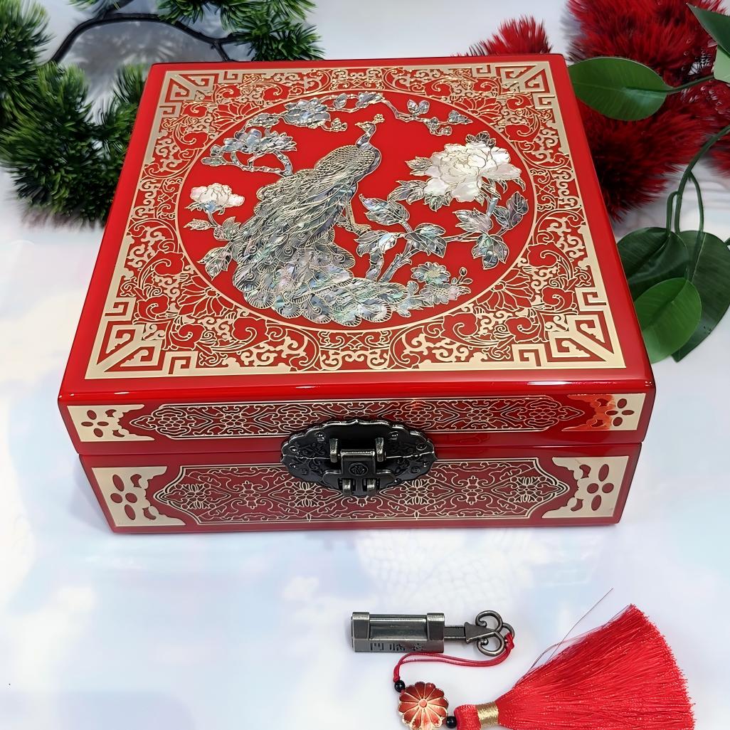 50% off Handmade Chinese Lacquer Jewelry Box, 19-Size, Brilliant Red Piano Finish, Square Shape with Brass Wire & Shell Inlay