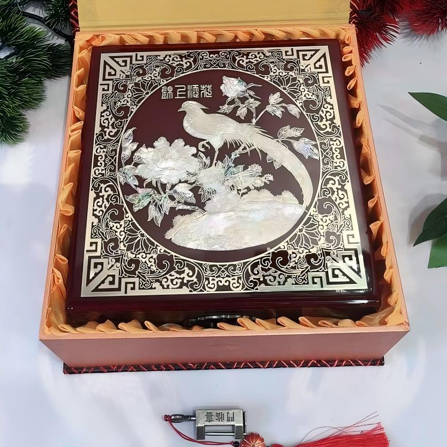 50% off Handmade Chinese Lacquer Jewelry Box, 19 Size, Wine Red Piano Finish, Square Shape with Brass Wire & Shell Inlay