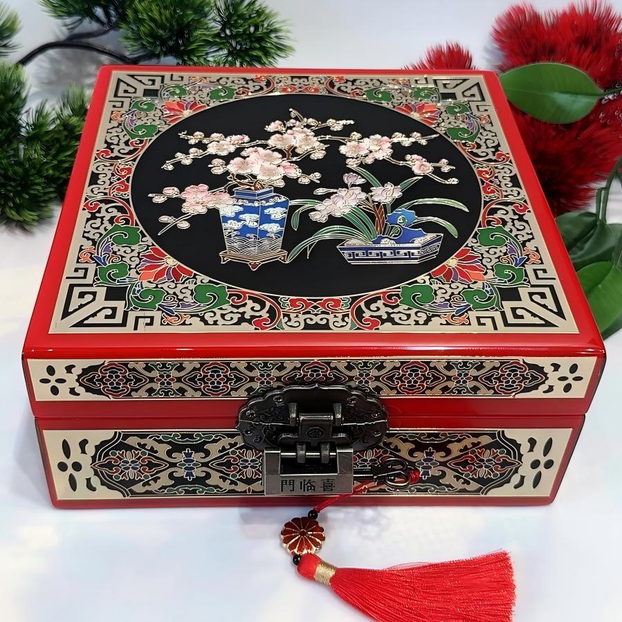50% off Handmade Pingyao Lacquer Jewelry Box, 19-Size, Colorful Painting on Piano Finish, Square Shape with Brass Wire & Shell Inlay