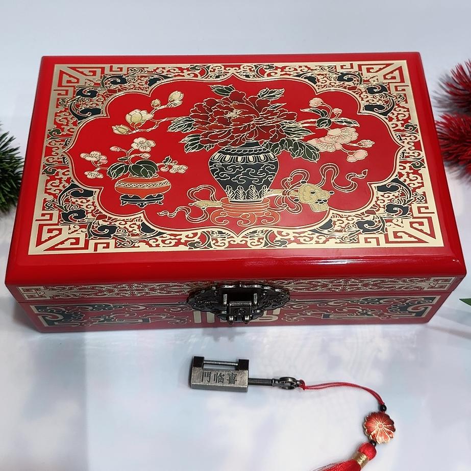 50% off 23 size Pingyao Lacquerware Box | Traditional Polished Copper Wire Inlaid Single Layer Hand-Painted Jewelry Case | Chinese Heritage Wedding Makeup Chest & Display Cabinet