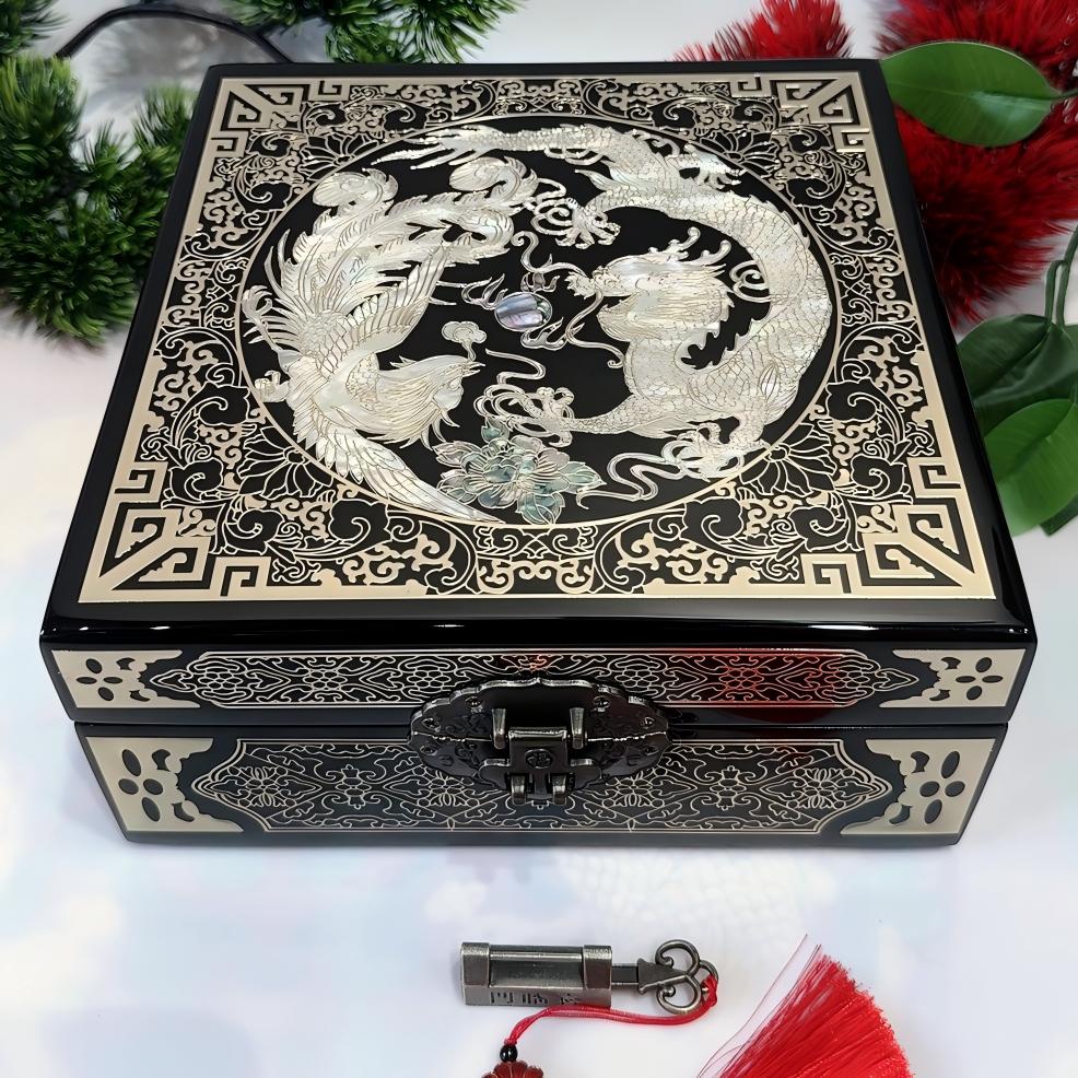 50% off Handmade Chinese lacquer jewelry box, 19-size, black piano lacquer finish, square, inlaid with brass wire and mother-of-pearl.