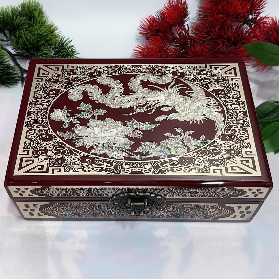 50% off 23-Size Single-Layer Jewelry Box, Pingyao Lacquer with Brass Wire & Mother-of-Pearl Inlay, High-Gloss Piano Finish.