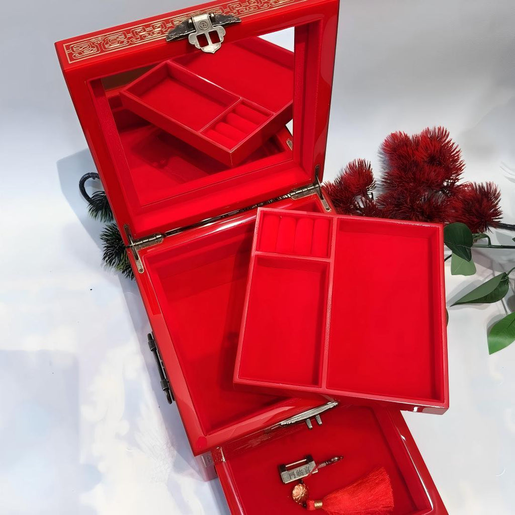 19-Drawer Piano Lacquer Jewelry Chest | Hand-Inlaid Brass Wire & Mother-of-Pearl | An inseparable couple | Pingyao Traditional Craft