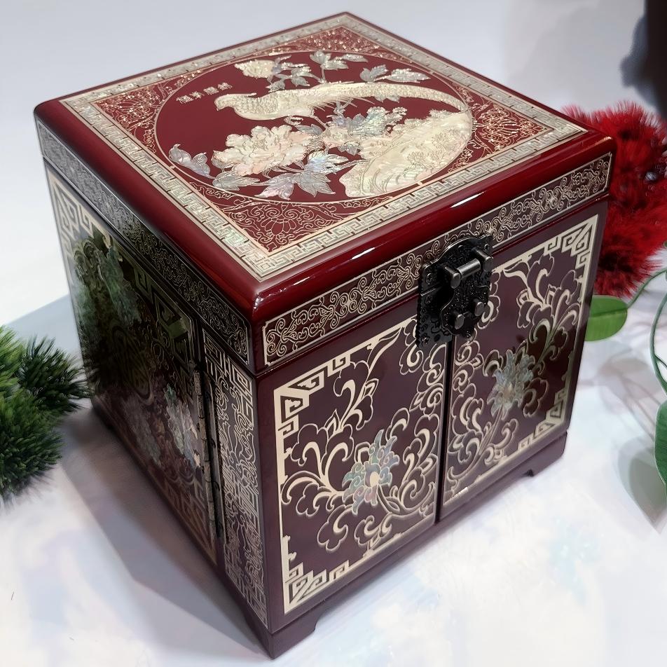 50% off Handmade Pingyao Lacquer Cabinet, 19 -Size, Wine Red Finish, Double Doors with Brass Wire & Shell Inlay.