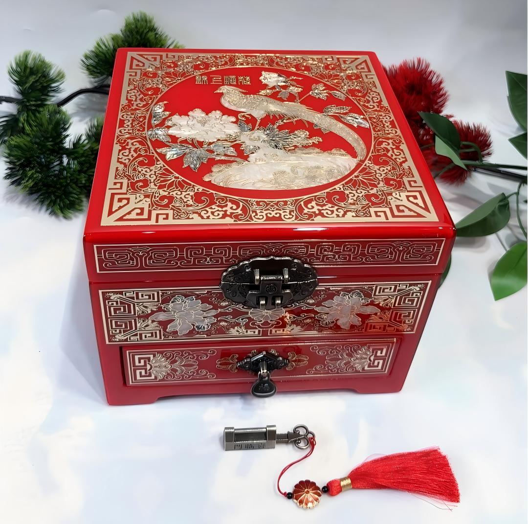 19-Drawer Piano Lacquer Jewelry Chest | Hand-Inlaid Brass Wire & Mother-of-Pearl | An inseparable couple | Pingyao Traditional Craft