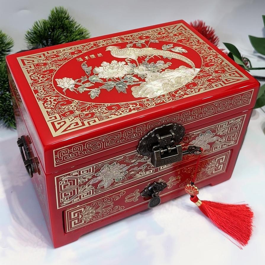 50% off Exquisite 23-Drawer Pingyao Lacquer Jewelry Cabinet, Piano Finish with Brass Wire & Mother of Pearl Inlay, Handcrafted Chinese Art Piece for Display.