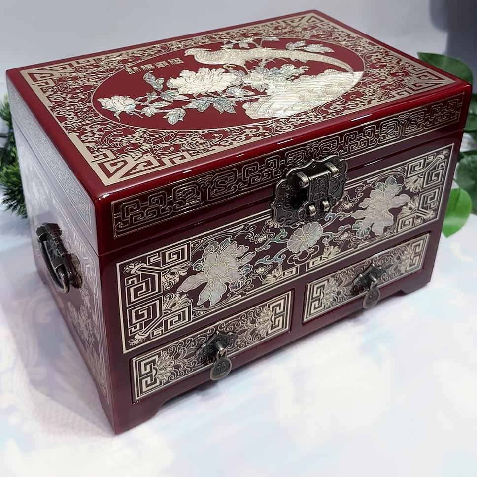 50% off 28cm Two-Drawer Jewelry Box with Piano Lacquer Finish, Handmade Pingyao Lacquerware Organizer | Copper Wire & Shell Marquetry, Gliding Lacquer Craft, Watch & Ring Storage Cabinet.