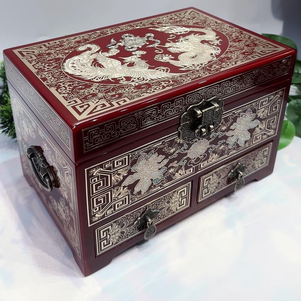 50% off 28cm Two-Drawer Jewelry Box with Piano Lacquer Finish, Handmade Pingyao Lacquerware Organizer | Copper Wire & Shell Marquetry, Gliding Lacquer Craft, Watch & Ring Storage Cabinet.