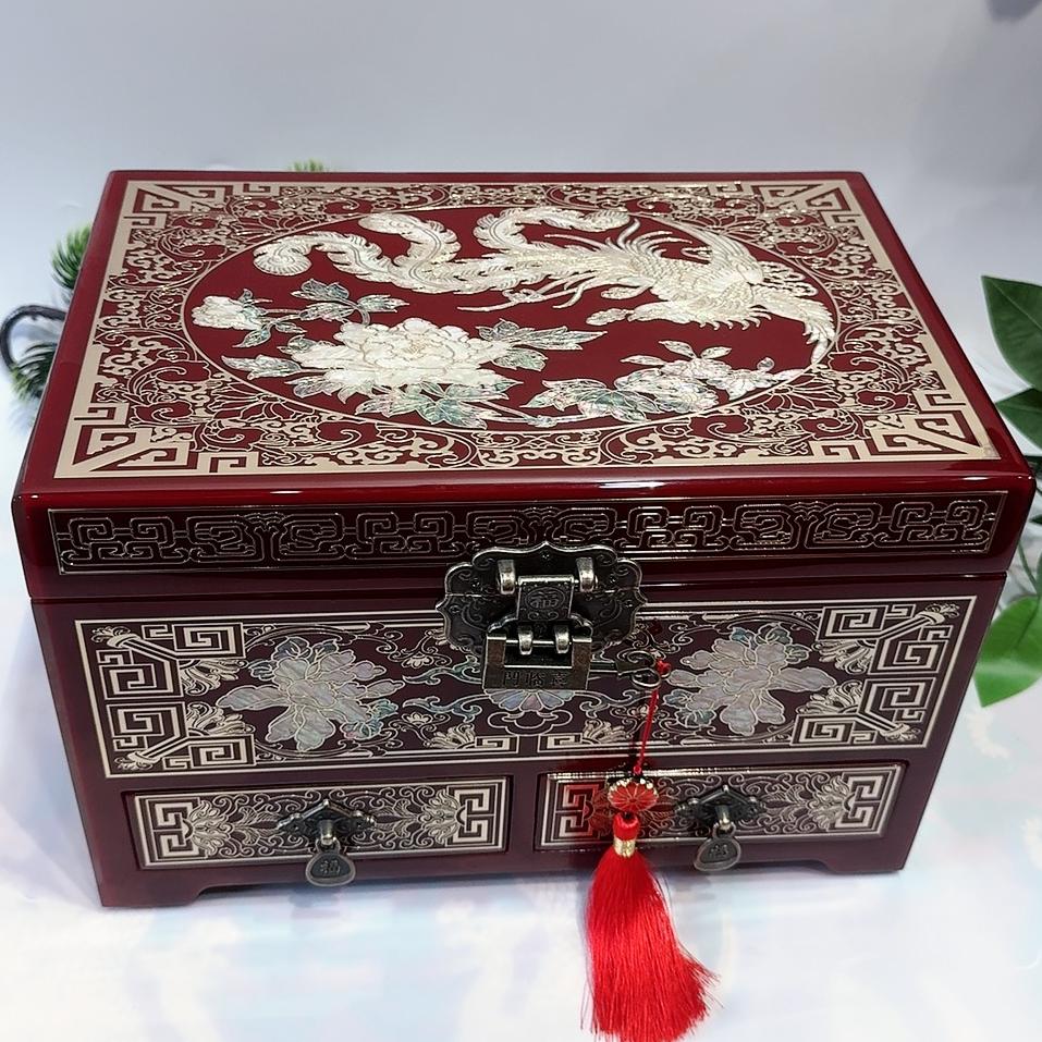 50% off 28cm Two-Drawer Jewelry Box with Piano Lacquer Finish, Handmade Pingyao Lacquerware Organizer | Copper Wire & Shell Marquetry, Gliding Lacquer Craft, Watch & Ring Storage Cabinet.