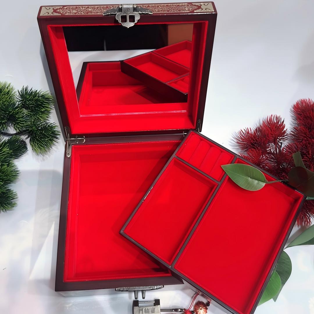 50% off Handmade Pingyao Lacquer Jewelry Box, 19 -Size, Wine Red Finish, Square Shape with Brass Wire & Shell Inlay.