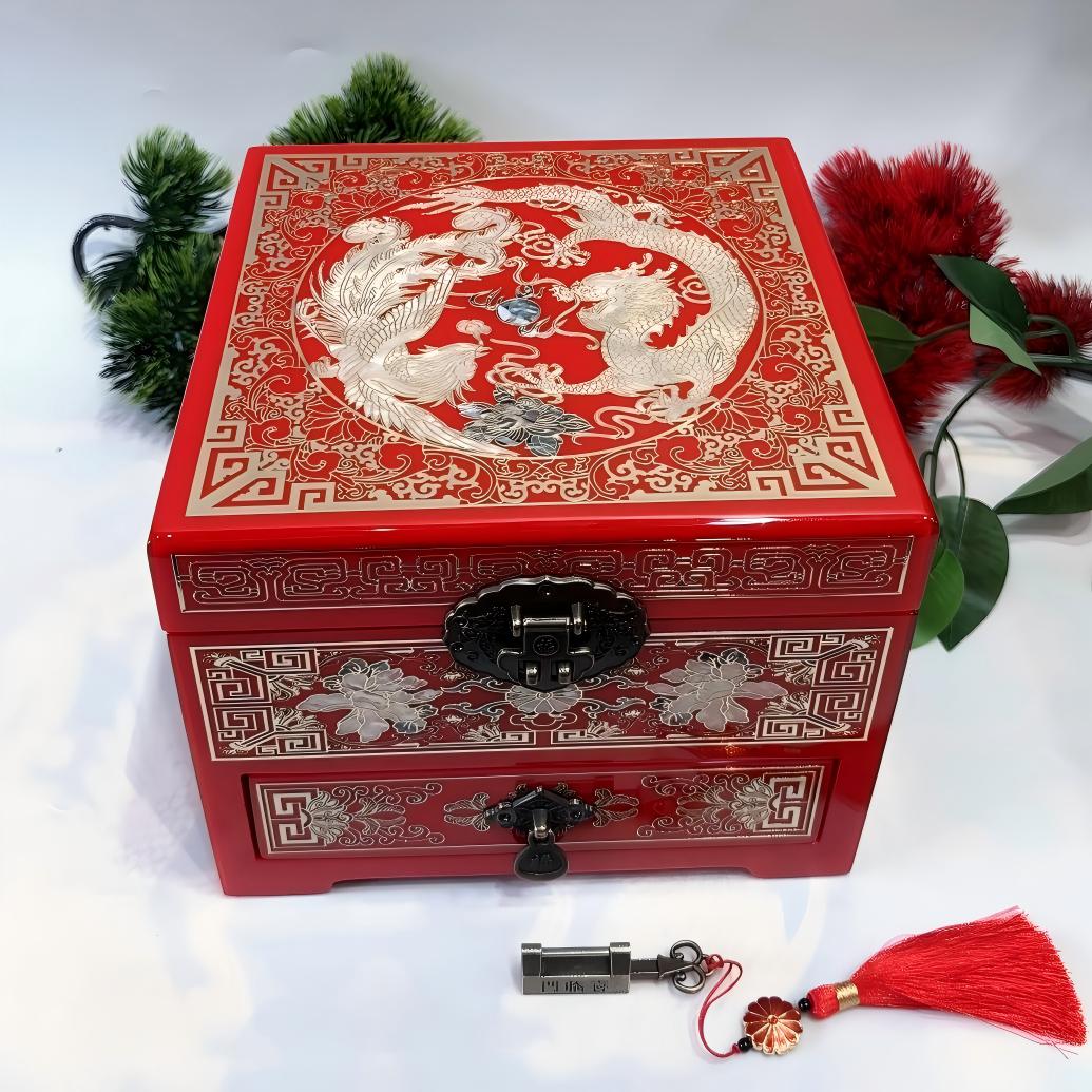 19-Drawer Piano Lacquer Jewelry Chest | Hand-Inlaid Brass Wire & Mother-of-Pearl | An inseparable couple | Pingyao Traditional Craft