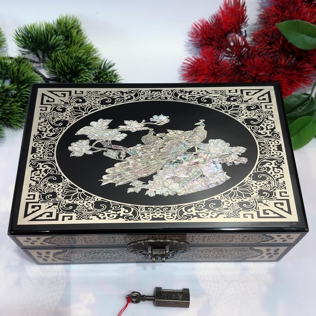50% off 23-Size Single-Layer Jewelry Box, Pingyao Lacquer with Brass Wire & Mother-of-Pearl Inlay, High-Gloss Piano Finish.