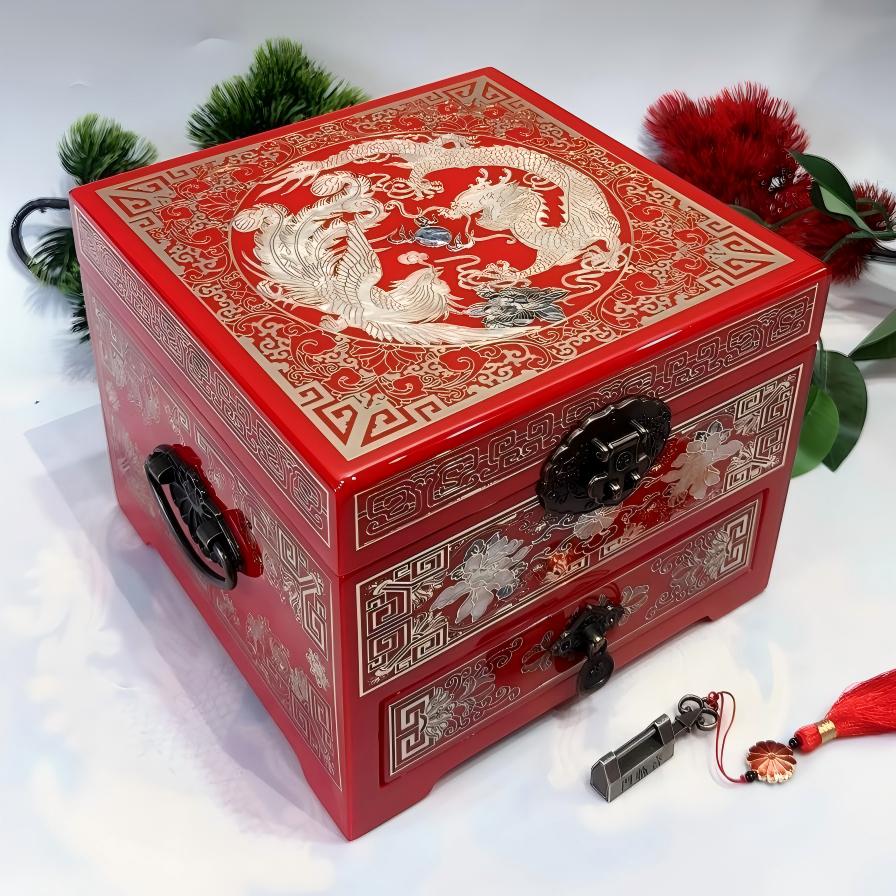 19-Drawer Piano Lacquer Jewelry Chest | Hand-Inlaid Brass Wire & Mother-of-Pearl | An inseparable couple | Pingyao Traditional Craft