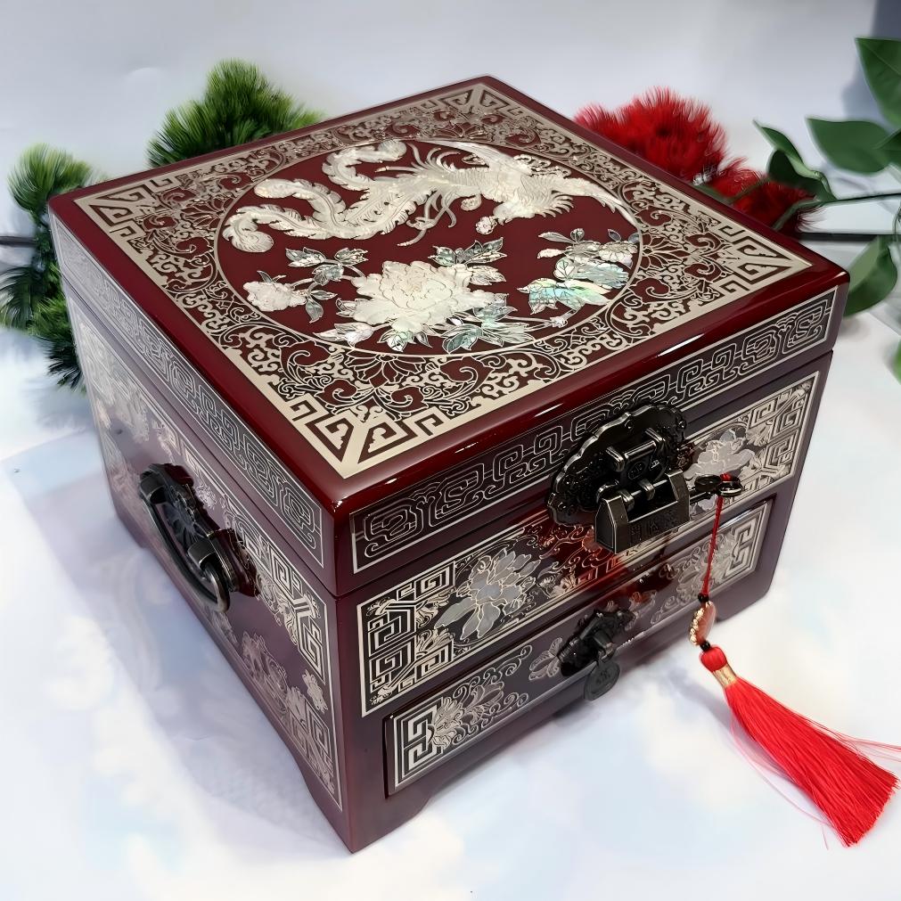 50% off Handmade Pingyao Lacquer Jewelry Box, 19-Size, Wine Red Piano Finish, Inlaid with Brass Wire & Shell