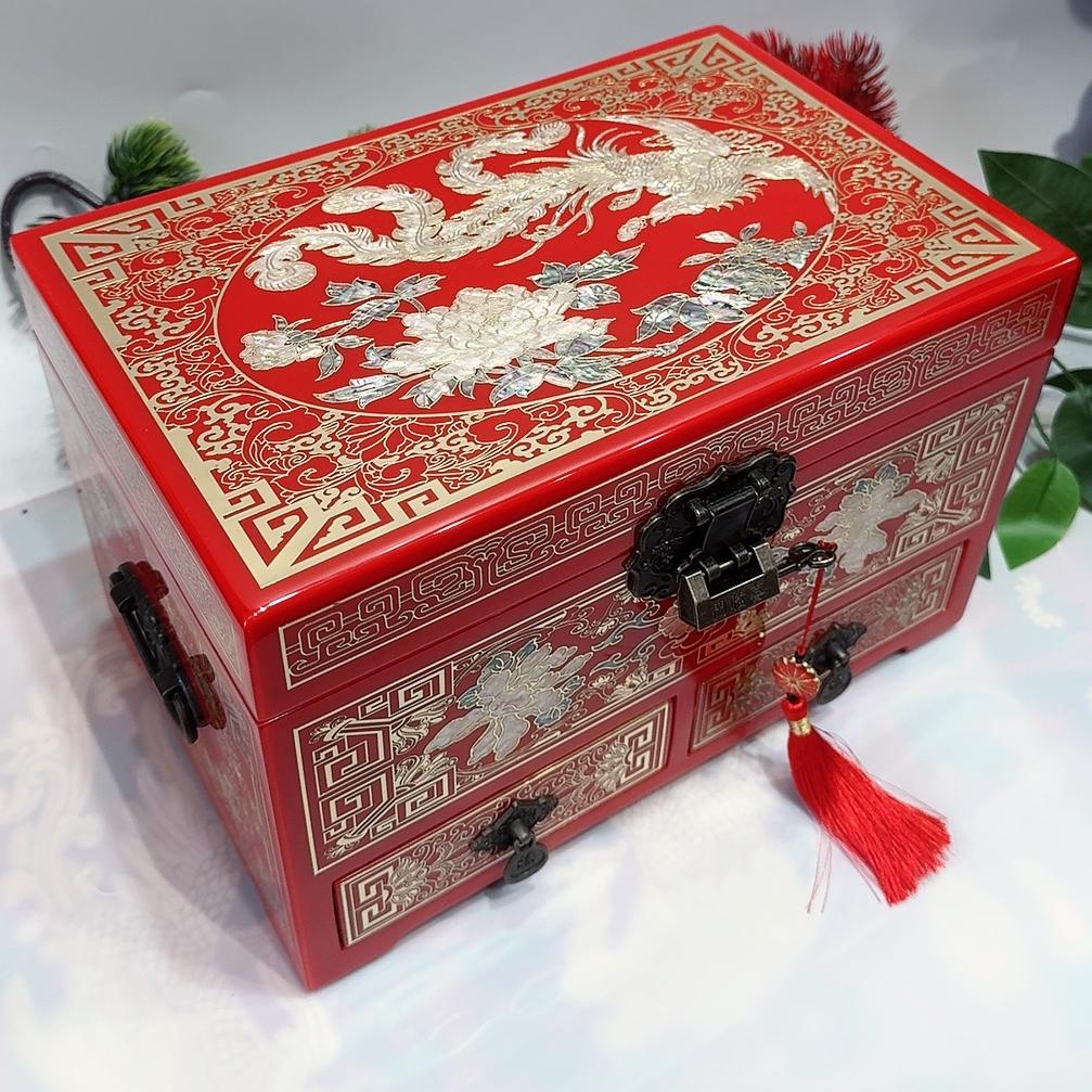50% off 28cm Two-Drawer Jewelry Box with Piano Lacquer Finish, Handmade Pingyao Lacquerware Organizer | Copper Wire & Shell Marquetry, Gliding Lacquer Craft, Watch & Ring Storage Cabinet.