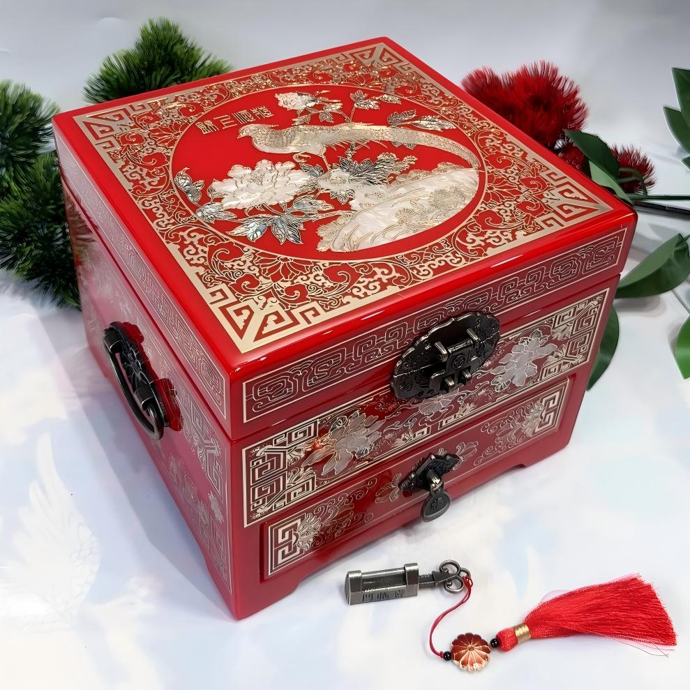 19-Drawer Piano Lacquer Jewelry Chest | Hand-Inlaid Brass Wire & Mother-of-Pearl | An inseparable couple | Pingyao Traditional Craft
