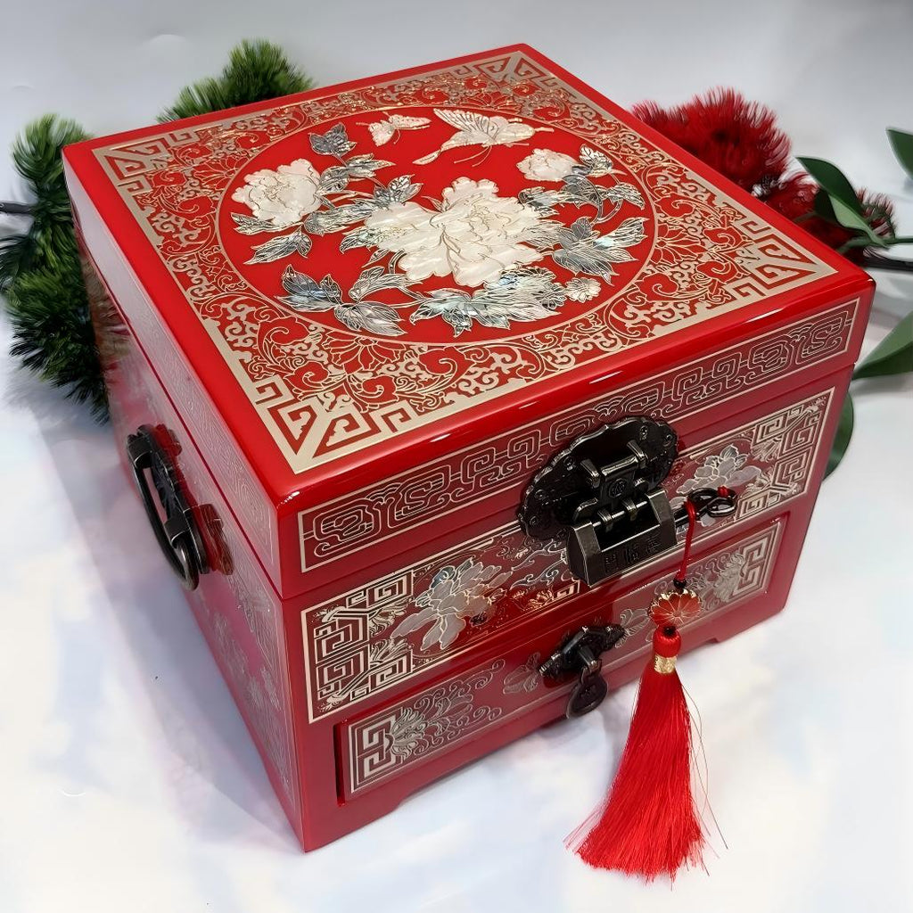 19-Drawer Piano Lacquer Jewelry Chest | Hand-Inlaid Brass Wire & Mother-of-Pearl | An inseparable couple | Pingyao Traditional Craft