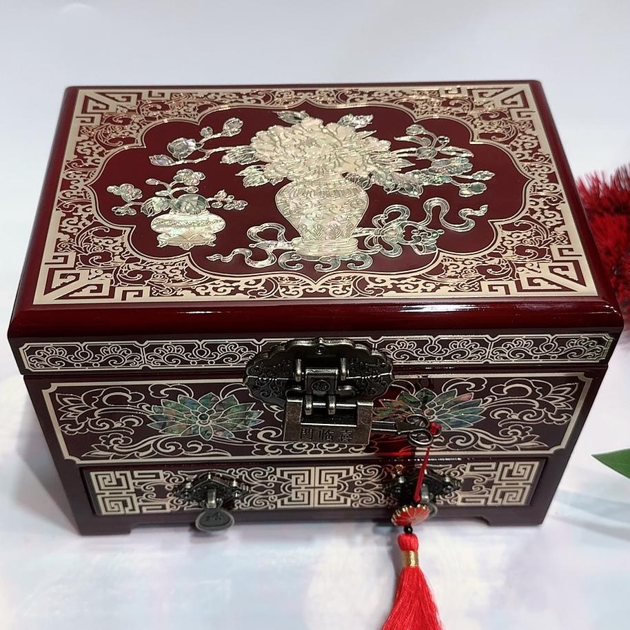 50% off Exquisite Pingyao Lacquer Miniature Chest, Inlaid with Brass Wire & Mother of Pearl, 21-Drawer Jewelry Organizer, Handcrafted Chinese Art Piece.