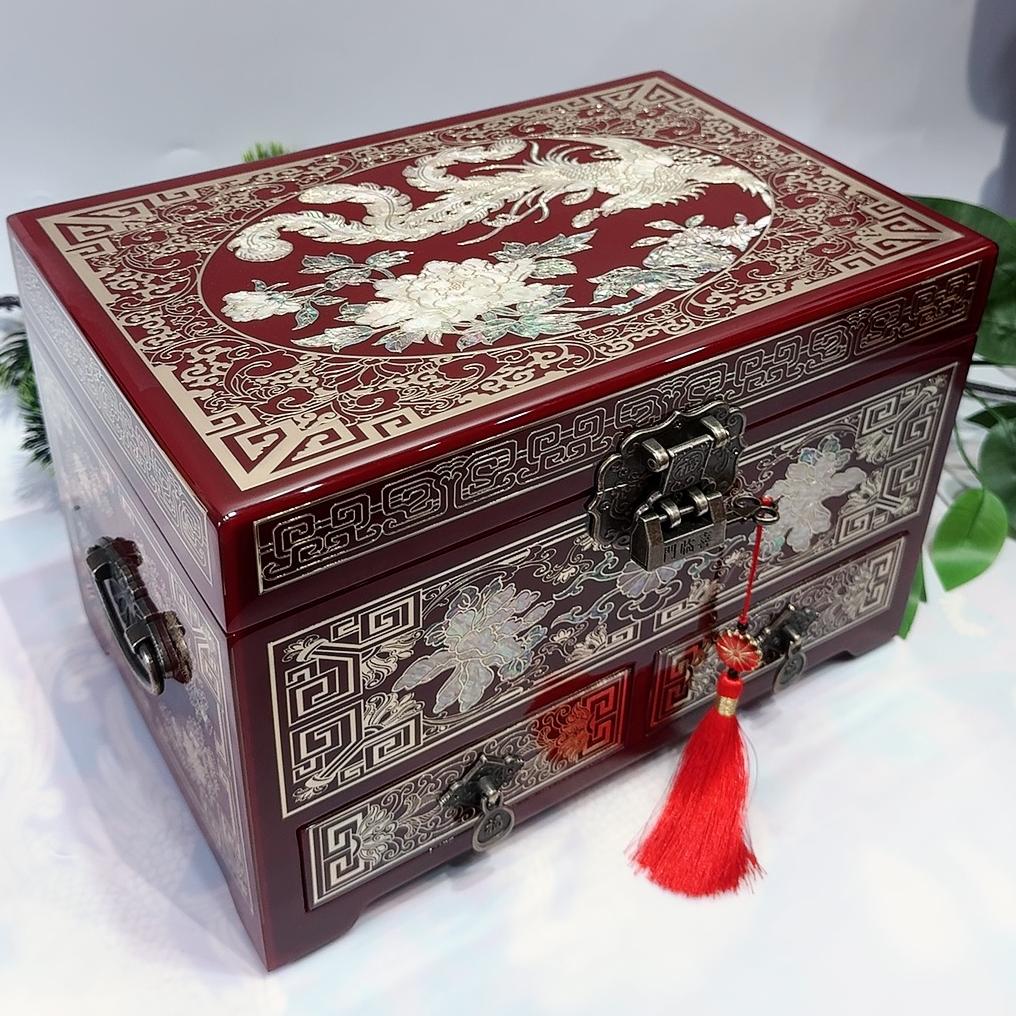 50% off 28cm Two-Drawer Jewelry Box with Piano Lacquer Finish, Handmade Pingyao Lacquerware Organizer | Copper Wire & Shell Marquetry, Gliding Lacquer Craft, Watch & Ring Storage Cabinet.