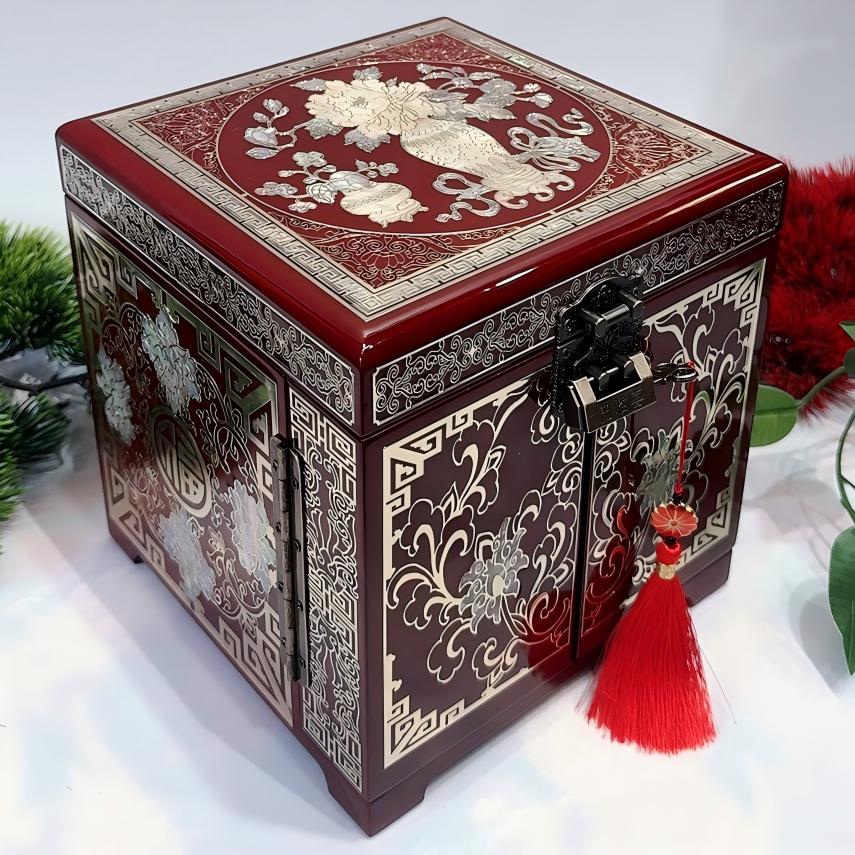 50% off Handmade Pingyao Lacquer Cabinet, 19 -Size, Wine Red Finish, Double Doors with Brass Wire & Shell Inlay.