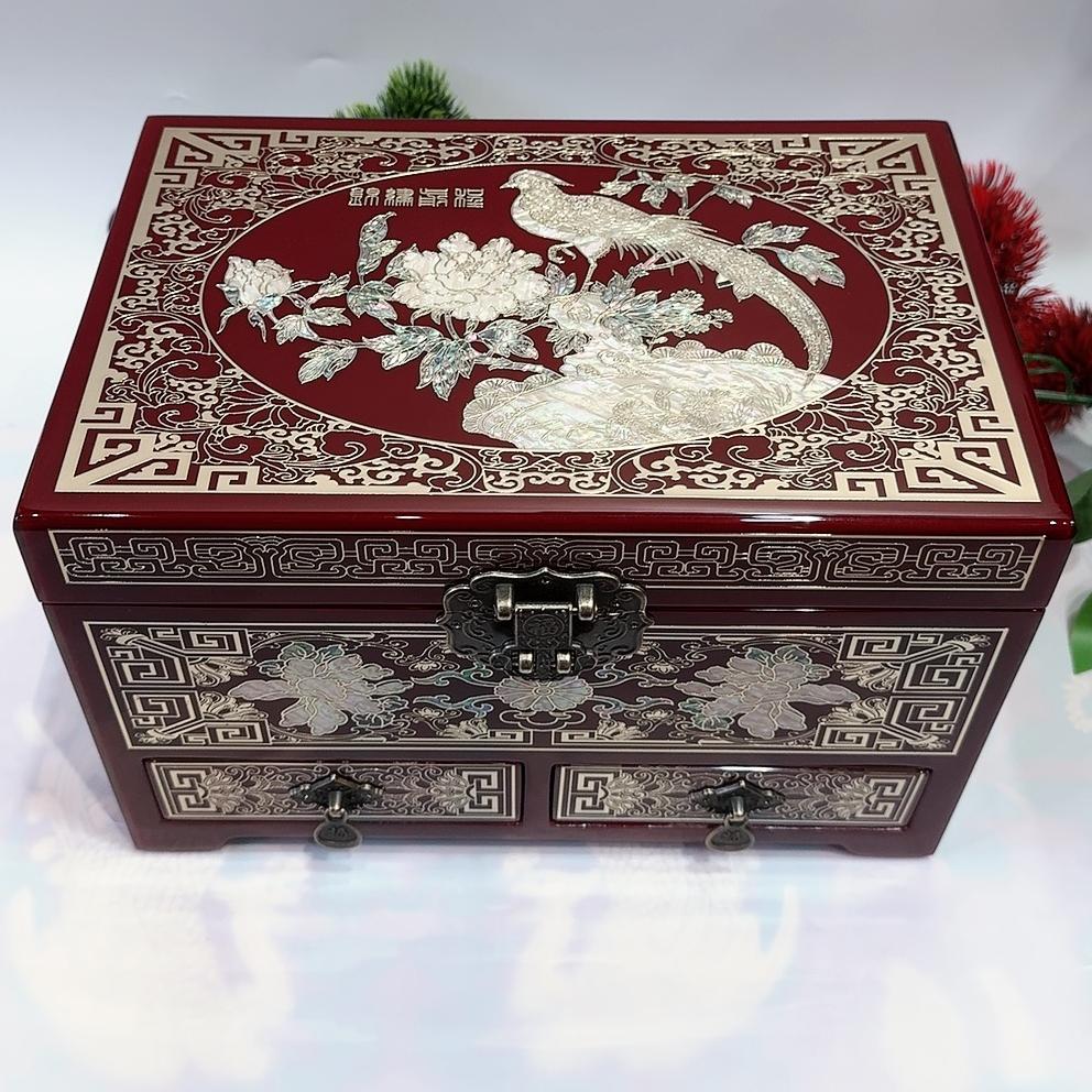 50% off 28cm Two-Drawer Jewelry Box with Piano Lacquer Finish, Handmade Pingyao Lacquerware Organizer | Copper Wire & Shell Marquetry, Gliding Lacquer Craft, Watch & Ring Storage Cabinet.