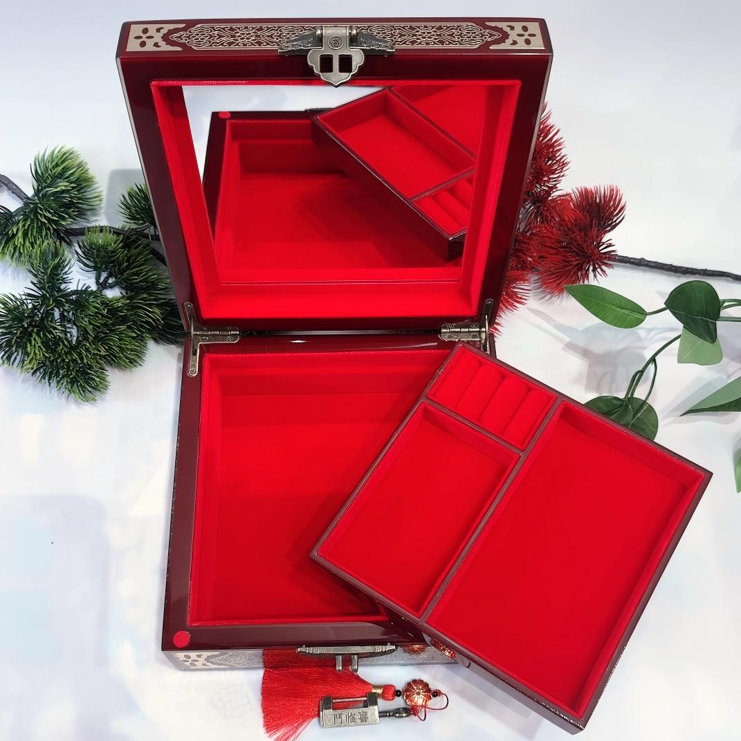50% off Handmade Chinese Lacquer Jewelry Box, 19 Size, Wine Red Piano Finish, Square Shape with Brass Wire & Shell Inlay
