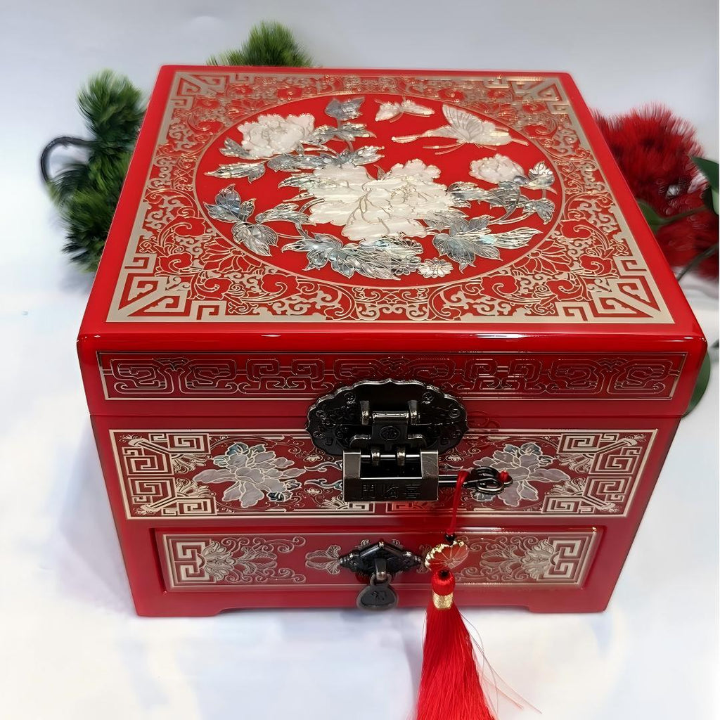 19-Drawer Piano Lacquer Jewelry Chest | Hand-Inlaid Brass Wire & Mother-of-Pearl | An inseparable couple | Pingyao Traditional Craft