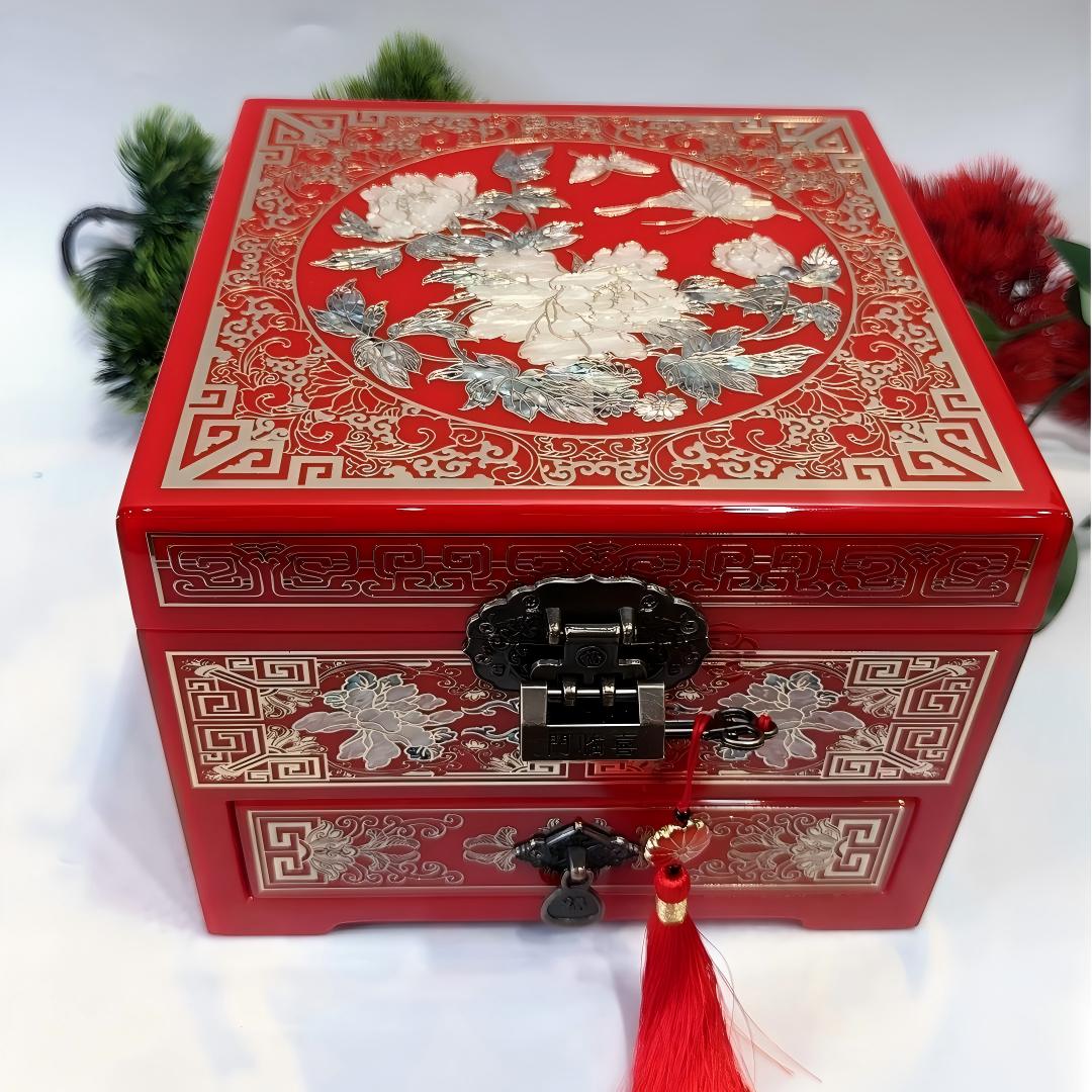 19-Drawer Piano Lacquer Jewelry Chest | Hand-Inlaid Brass Wire & Mother-of-Pearl | An inseparable couple | Pingyao Traditional Craft