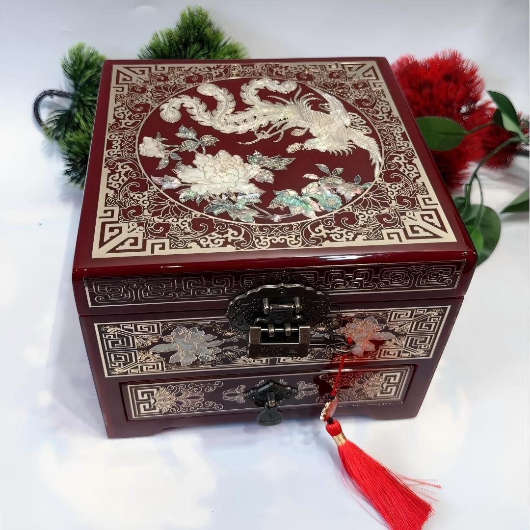 50% off Handmade Pingyao Lacquer Jewelry Box, 19-Size, Wine Red Piano Finish, Inlaid with Brass Wire & Shell