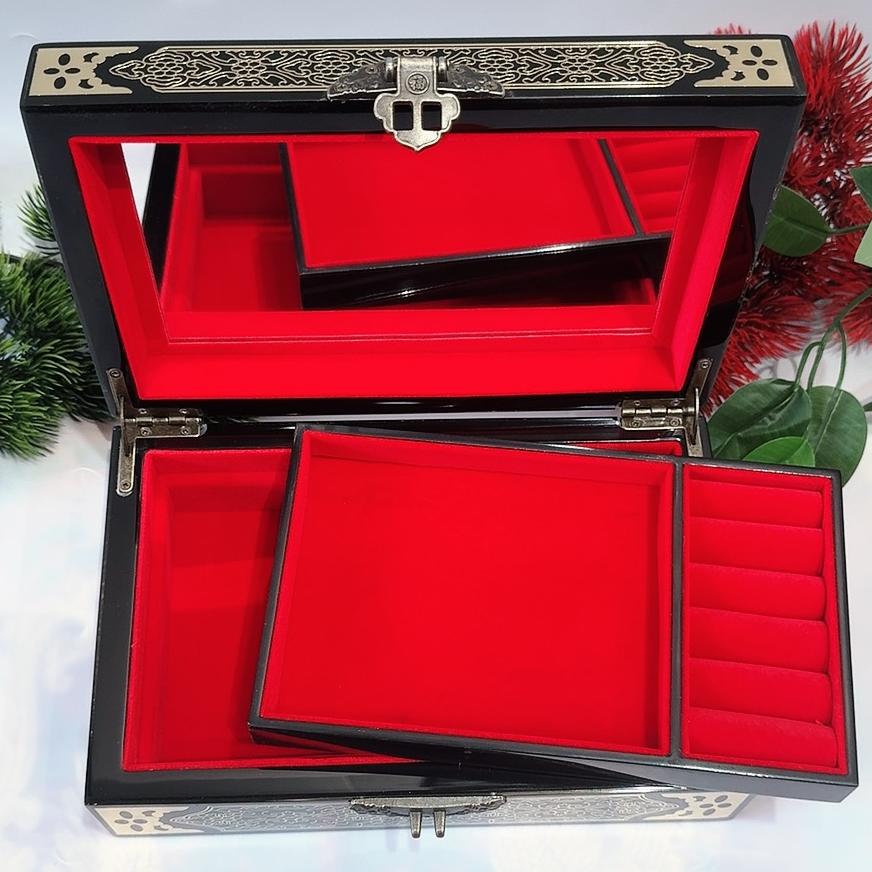 50% off 23-Size Single-Layer Jewelry Box, Pingyao Lacquer with Brass Wire & Mother-of-Pearl Inlay, High-Gloss Piano Finish.
