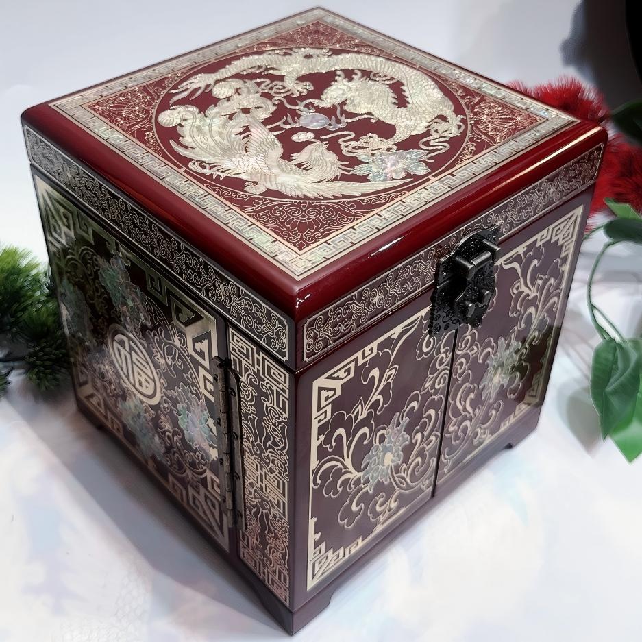 50% off Handmade Pingyao Lacquer Cabinet, 19 -Size, Wine Red Finish, Double Doors with Brass Wire & Shell Inlay.