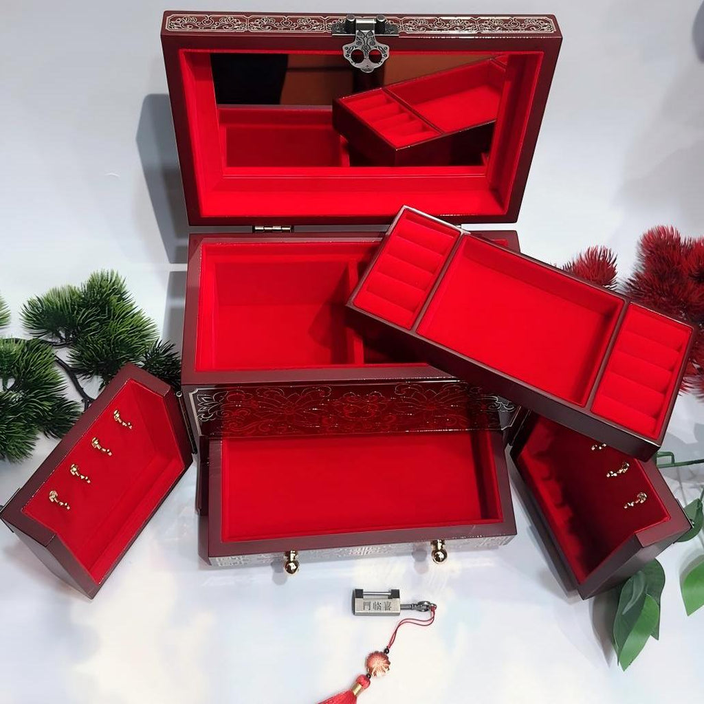 50% off Lacquer Watch Box with Glass Lid 23cm, Handmade Lacquerware Jewelry Storage Box | Pingyao Gliding Lacquer Technique, Copper Wire & Shell Inlay Decoration, Gift for Watch Lovers.