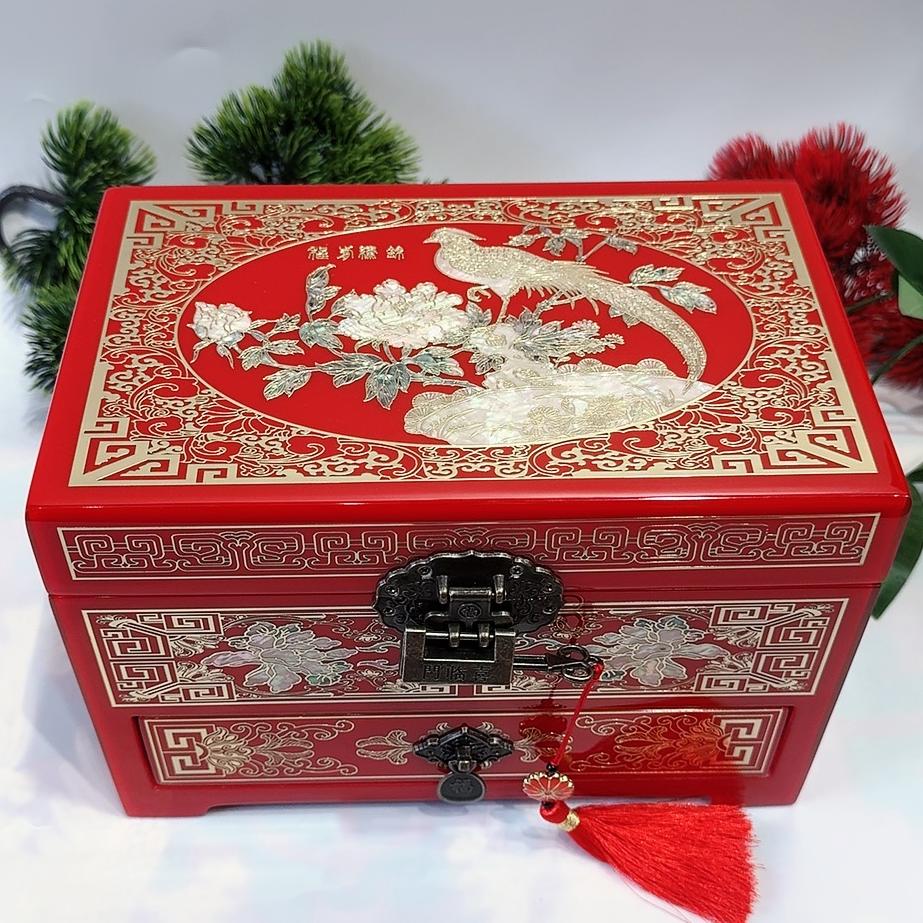 50% off Exquisite 23-Drawer Pingyao Lacquer Jewelry Cabinet, Piano Finish with Brass Wire & Mother of Pearl Inlay, Handcrafted Chinese Art Piece for Display.