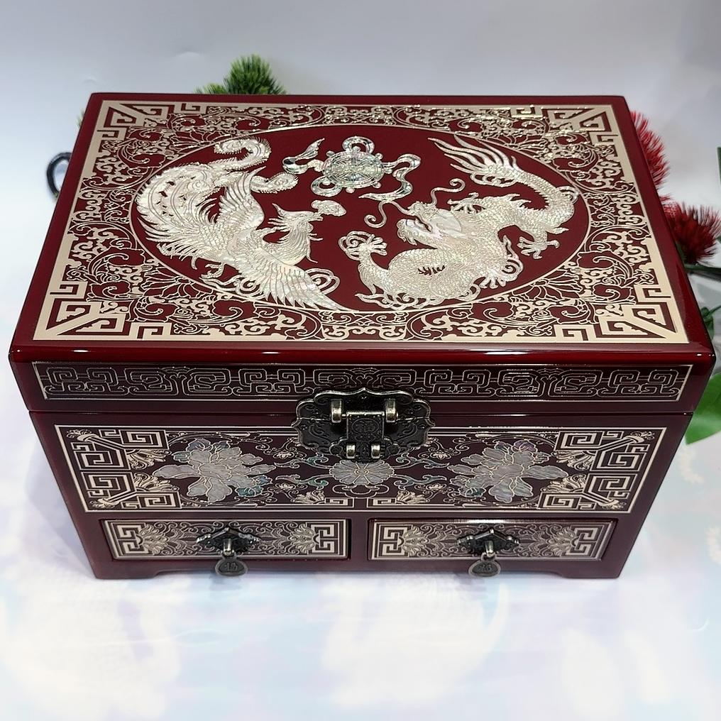 50% off 28cm Two-Drawer Jewelry Box with Piano Lacquer Finish, Handmade Pingyao Lacquerware Organizer | Copper Wire & Shell Marquetry, Gliding Lacquer Craft, Watch & Ring Storage Cabinet.