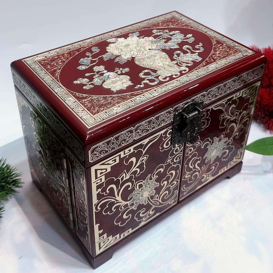 50% off Lacquer Watch Box with Glass Lid 23cm, Handmade Lacquerware Jewelry Storage Box | Pingyao Gliding Lacquer Technique, Copper Wire & Shell Inlay Decoration, Gift for Watch Lovers.