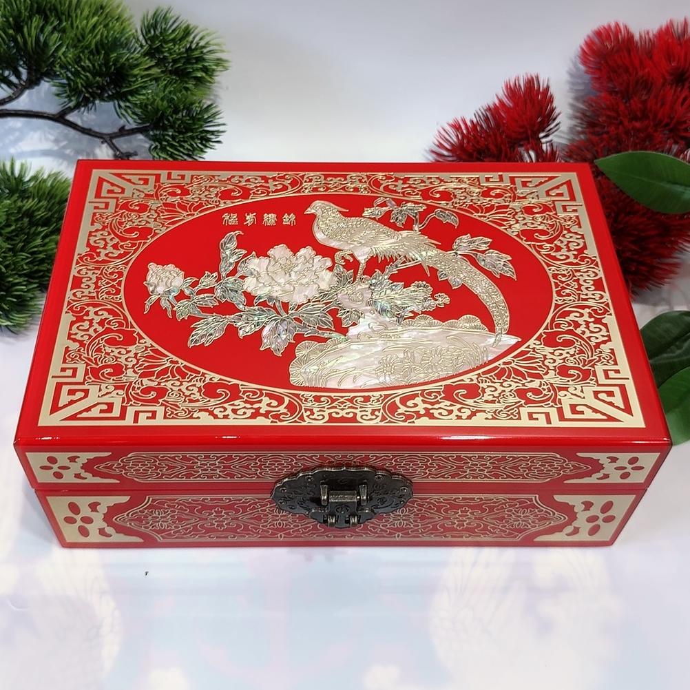 50% off 23-Size Single-Layer Jewelry Box, Pingyao Lacquer with Brass Wire & Mother-of-Pearl Inlay, High-Gloss Piano Finish.