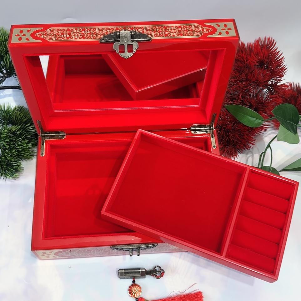 50% off 23-Size Single-Layer Jewelry Box, Pingyao Lacquer with Brass Wire & Mother-of-Pearl Inlay, High-Gloss Piano Finish.
