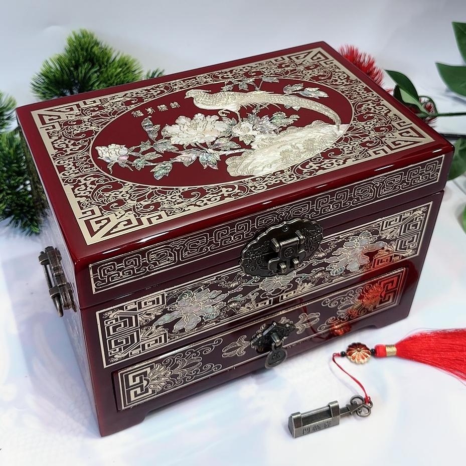 50% off 23-Size Exquisite Pingyao Lacquer Jewelry Box | Inlaid with Mother-of-Pearl & Brass Wire, High-Gloss Piano Finish, Single Drawer.