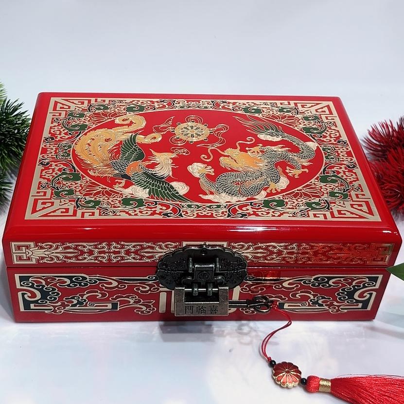 50% off 23 size Pingyao Lacquerware Box | Traditional Polished Copper Wire Inlaid Single Layer Hand-Painted Jewelry Case | Chinese Heritage Wedding Makeup Chest & Display Cabinet
