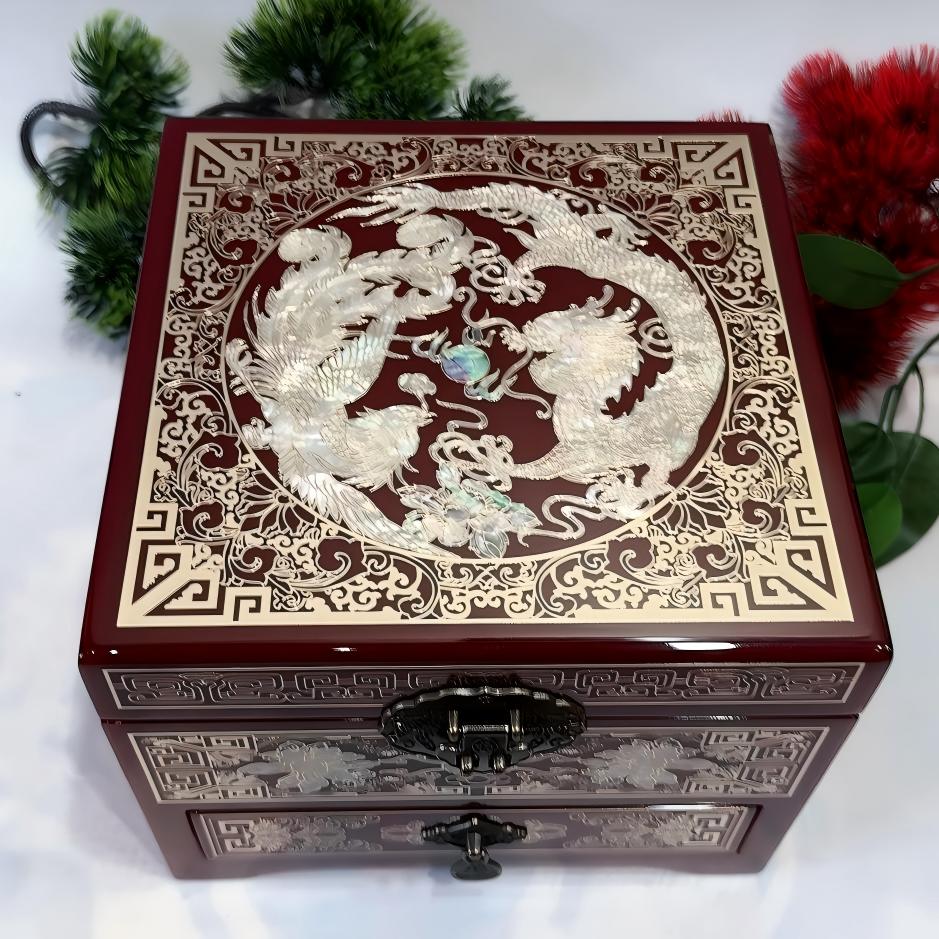 50% off Handmade Pingyao Lacquer Jewelry Box, 19-Size, Wine Red Piano Finish, Inlaid with Brass Wire & Shell