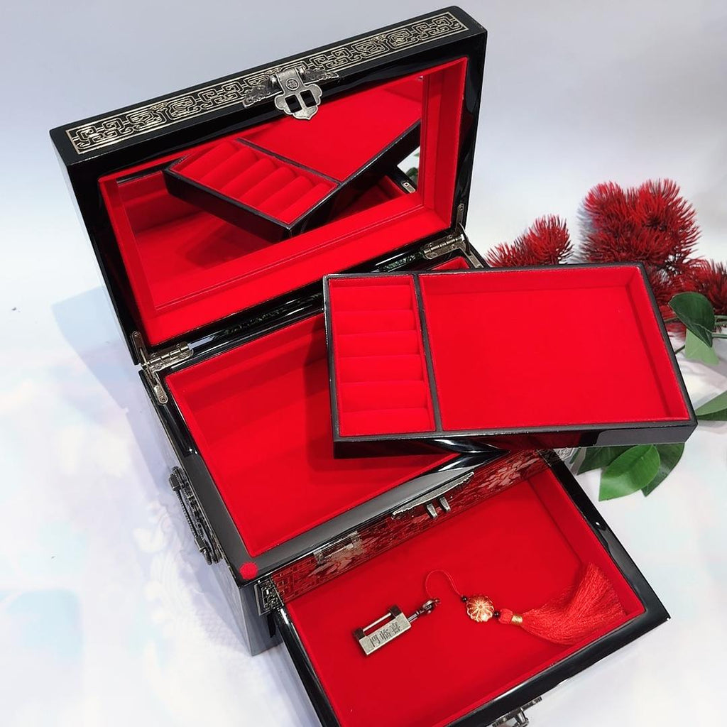 50% off 23-Size Exquisite Pingyao Lacquer Jewelry Box | Inlaid with Mother-of-Pearl & Brass Wire, High-Gloss Piano Finish, Single Drawer.