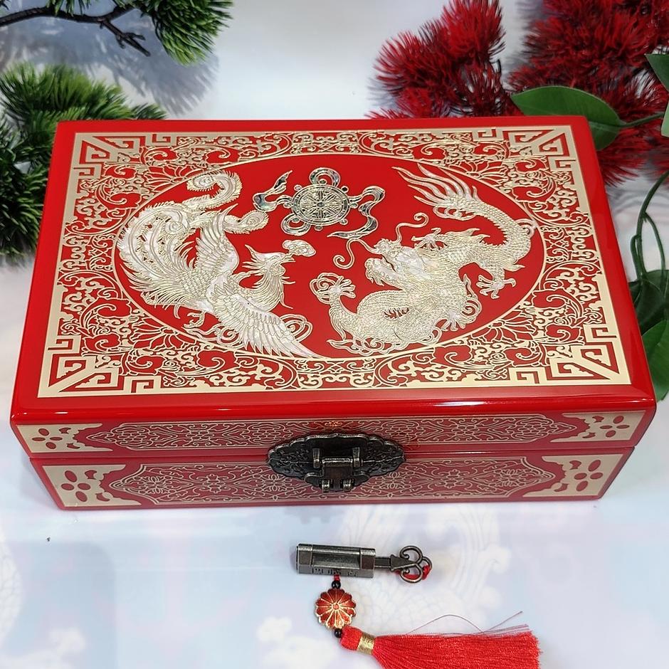 50% off 23-Size Single-Layer Jewelry Box, Pingyao Lacquer with Brass Wire & Mother-of-Pearl Inlay, High-Gloss Piano Finish.
