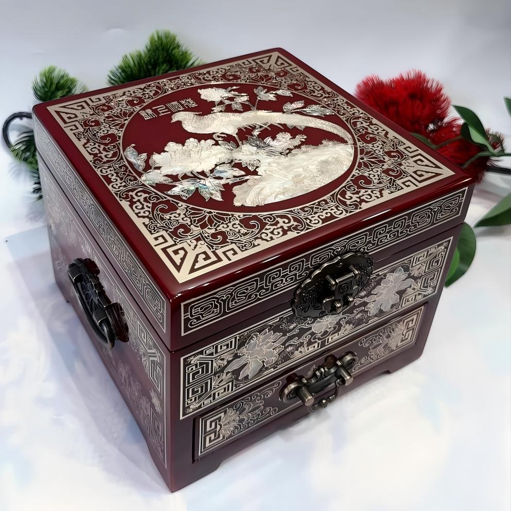 50% off Handmade Pingyao Lacquer Jewelry Box, 19-Size, Wine Red Piano Finish, Inlaid with Brass Wire & Shell