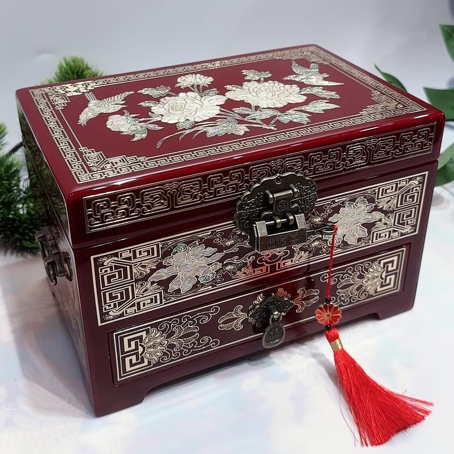 50% off 23-Size Exquisite Pingyao Lacquer Jewelry Box | Inlaid with Mother-of-Pearl & Brass Wire, High-Gloss Piano Finish, Single Drawer.