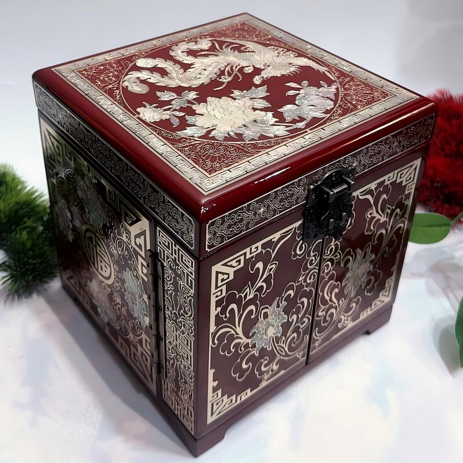 50% off Handmade Pingyao Lacquer Cabinet, 19 -Size, Wine Red Finish, Double Doors with Brass Wire & Shell Inlay.