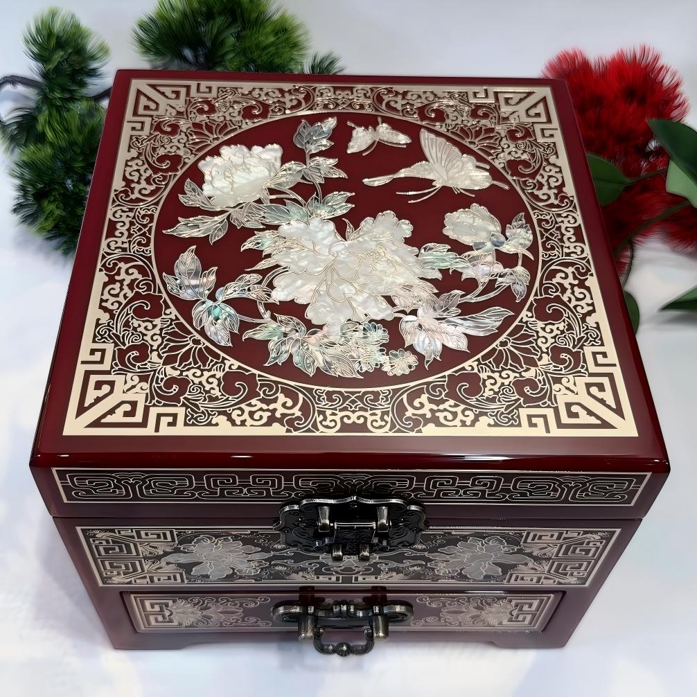 50% off Handmade Pingyao Lacquer Jewelry Box, 19-Size, Wine Red Piano Finish, Inlaid with Brass Wire & Shell