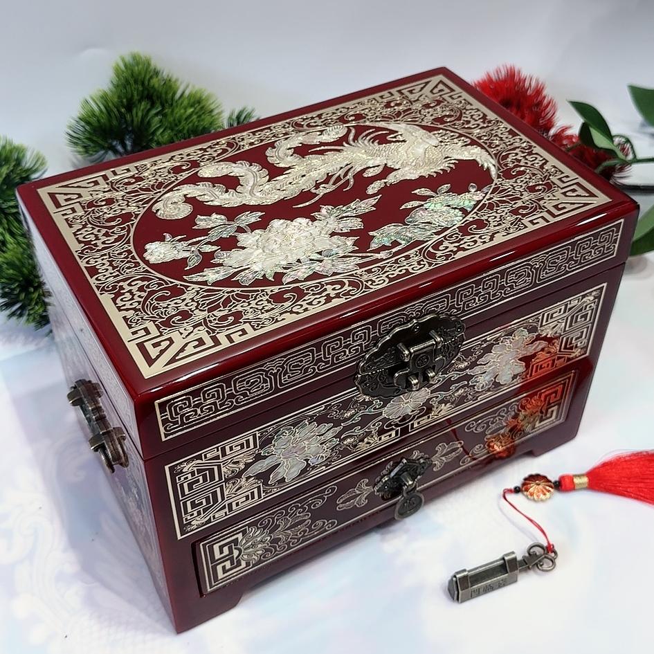 50% off 23-Size Exquisite Pingyao Lacquer Jewelry Box | Inlaid with Mother-of-Pearl & Brass Wire, High-Gloss Piano Finish, Single Drawer.