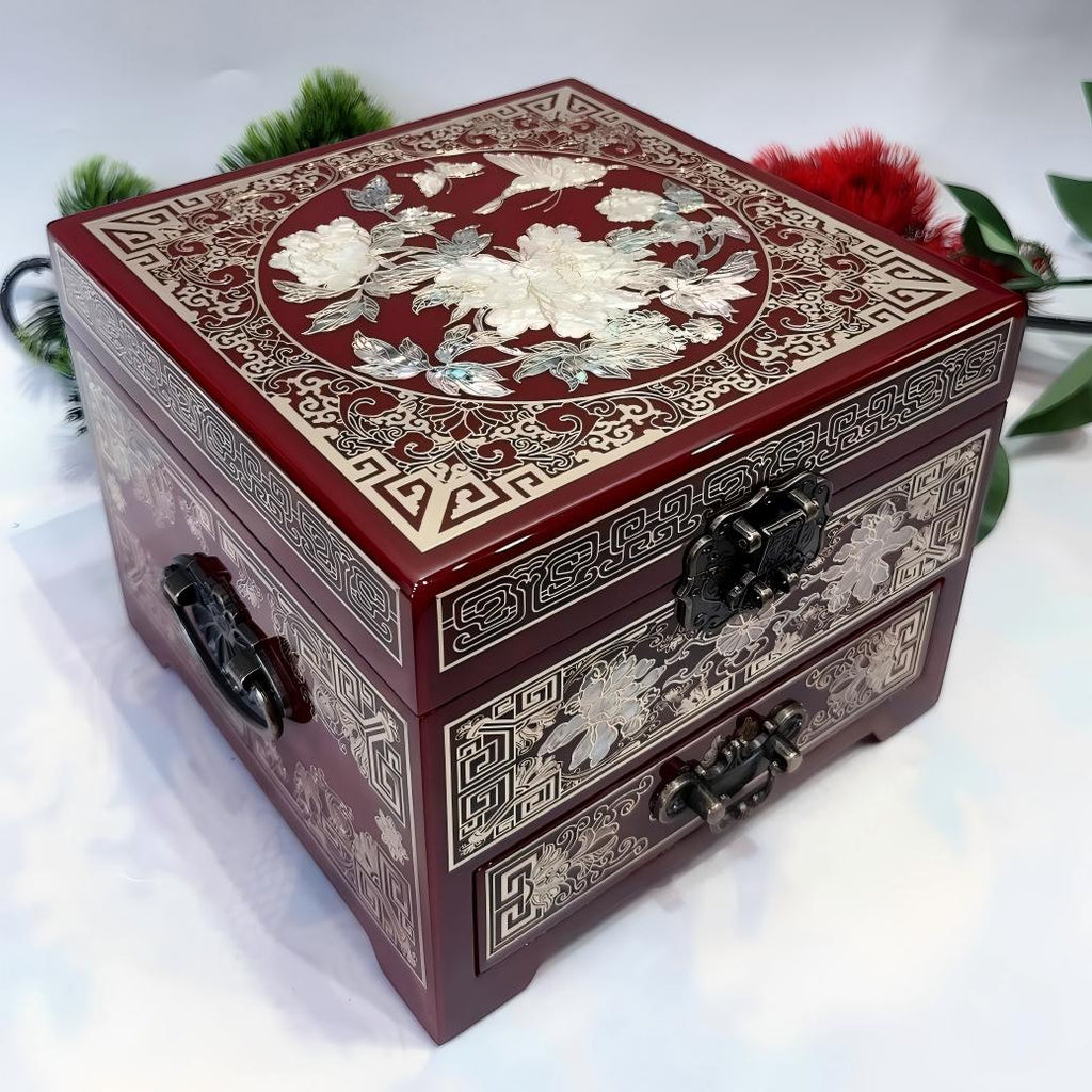 50% off Handmade Pingyao Lacquer Jewelry Box, 19-Size, Wine Red Piano Finish, Inlaid with Brass Wire & Shell