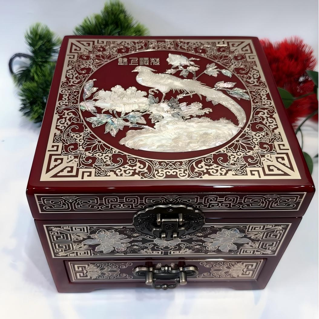 50% off Handmade Pingyao Lacquer Jewelry Box, 19-Size, Wine Red Piano Finish, Inlaid with Brass Wire & Shell