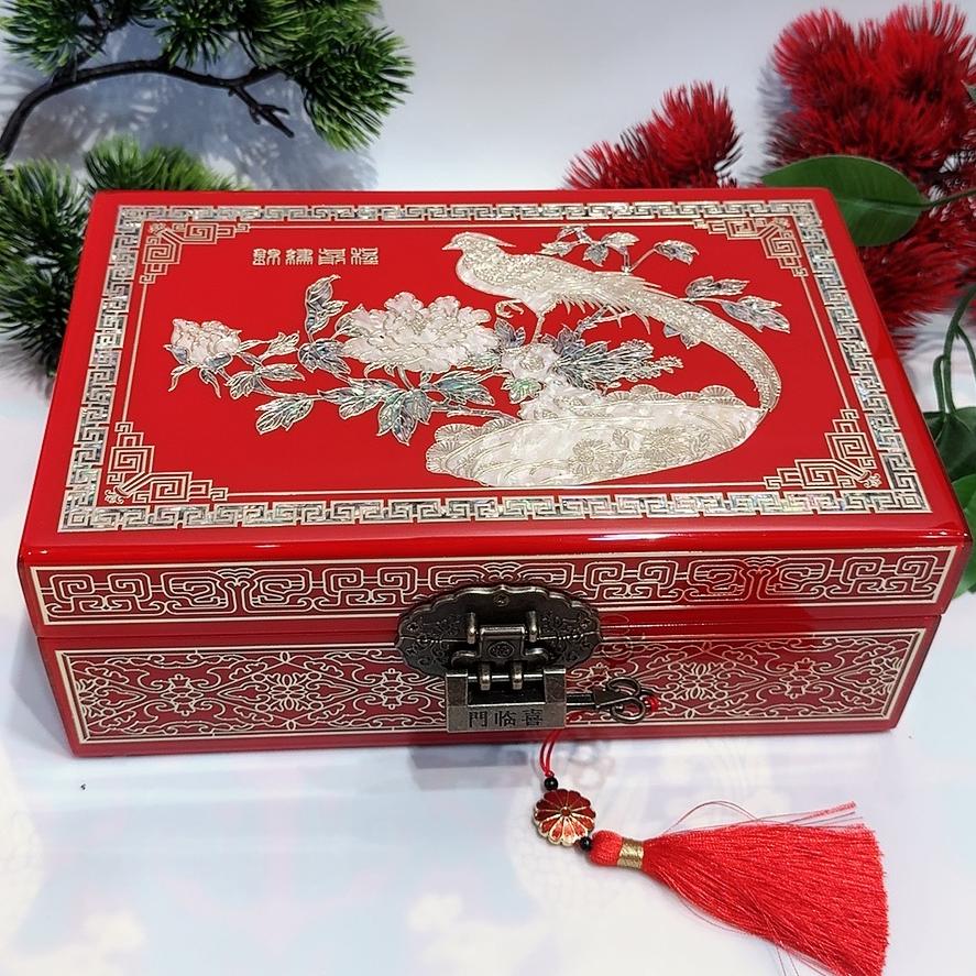 50% off 23-Size Single-Layer Jewelry Box, Pingyao Lacquer with Brass Wire & Mother-of-Pearl Inlay, High-Gloss Piano Finish.
